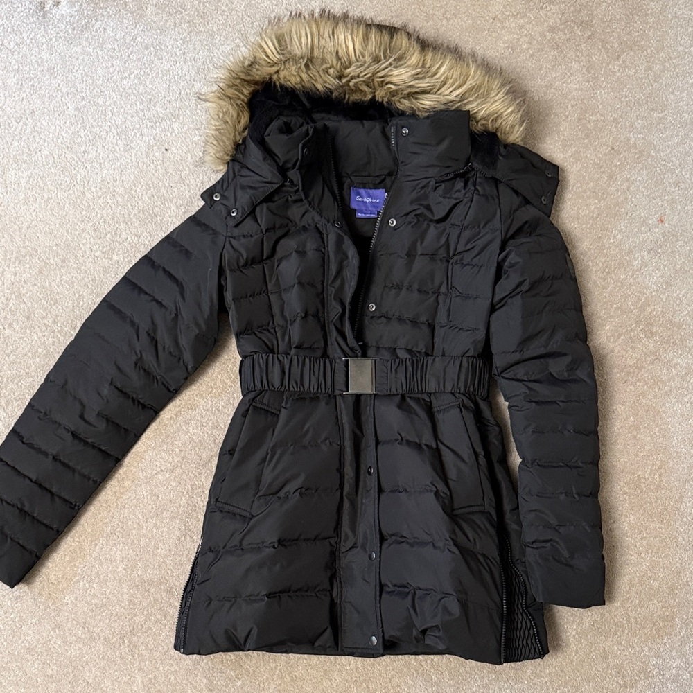 Seraphine Maternity Black Puffer with Faux Fur Hood